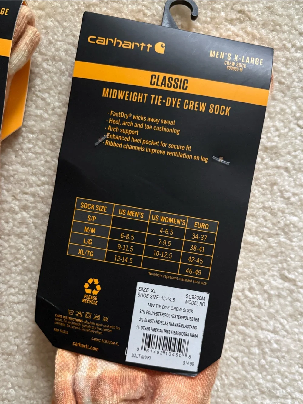 NWT 2 Pairs of Carhartt Men's Tie Dye Crew Socks. Size XL.